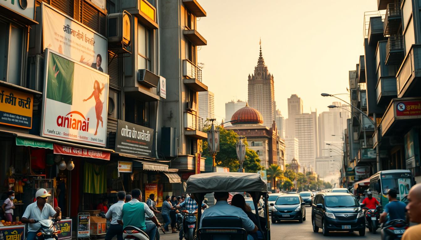 A bustling street in the heart of Mumbai, India, captured in acinematic perspective