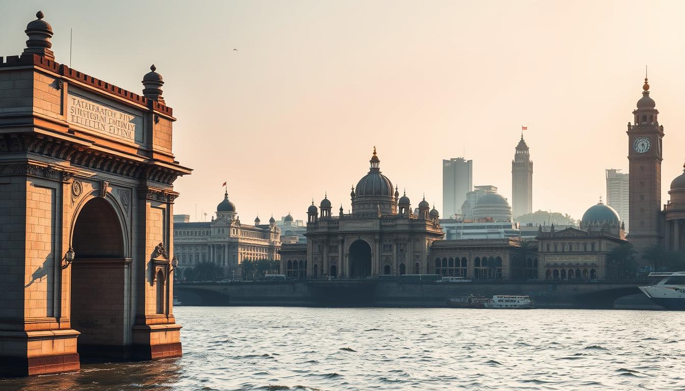 A cinematic cityscape of Mumbai's iconic cultural landmarks, the majestic Gateway of India stands proud