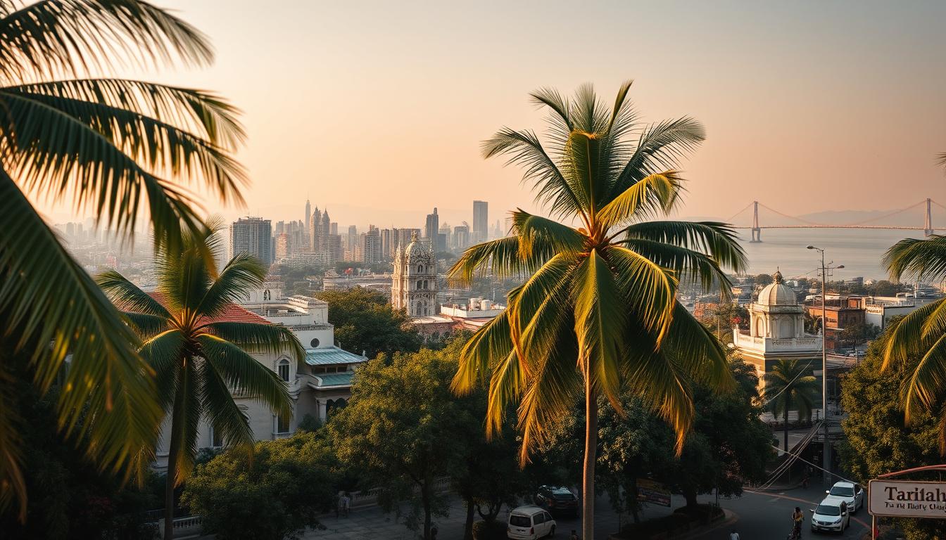 A cinematic, wide-angle view of the vibrant city of Mumbai, India