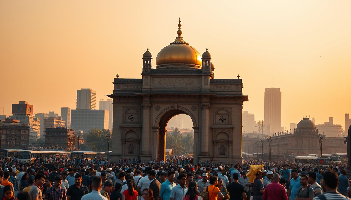 A majestic, golden-domed structure stands tall against the iconic Gateway of India, built to commemorate the visit of King George V and Queen Mary