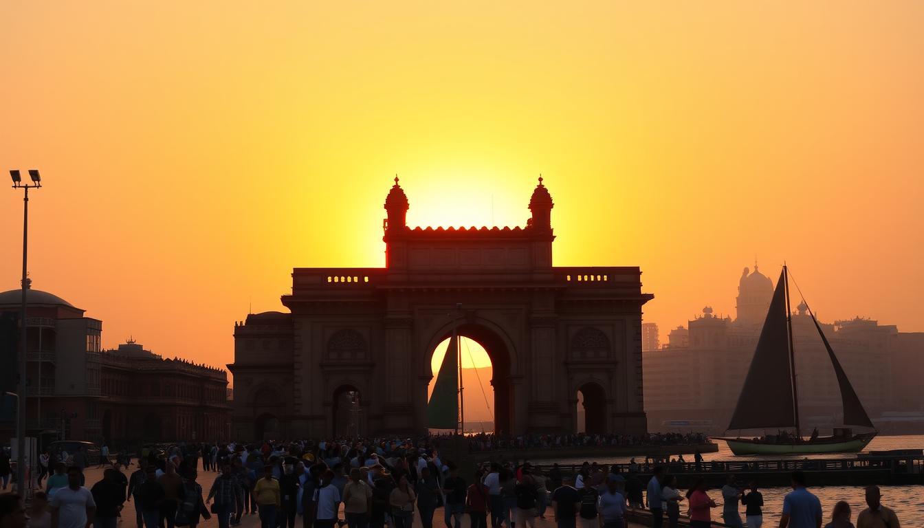 An ornate, grand archway standing tall against a vibrant, golden sky at sunset