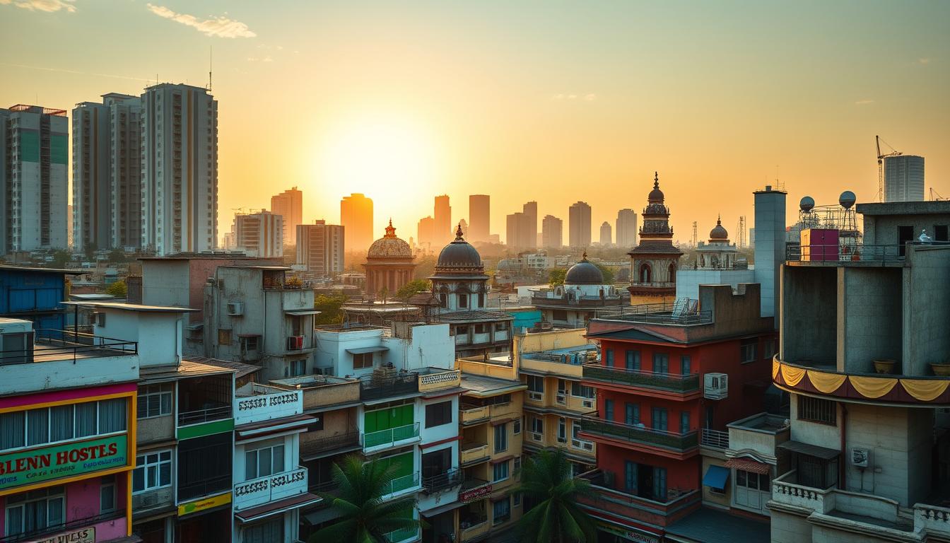 Mumbai's diverse accommodation options, captured in a cinematic wide-angle shot. A row of vibrant, budget friendly-hostels and guest houses.
