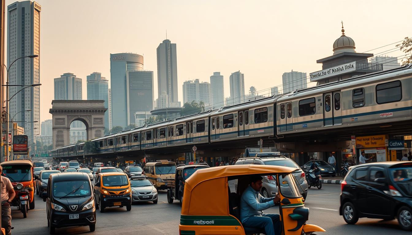 Mumbai's vibrant transportation network, such as a vibrant auto-rickshaw weaves through the congested streets